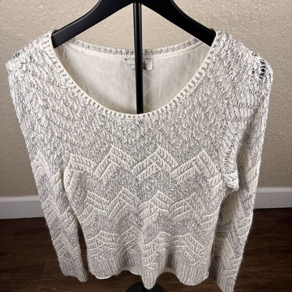 Lucky Brand Sweater Womens Medium Ivory Gray Chevron Stripe Boho Aztec Pullover - Picture 1 of 8